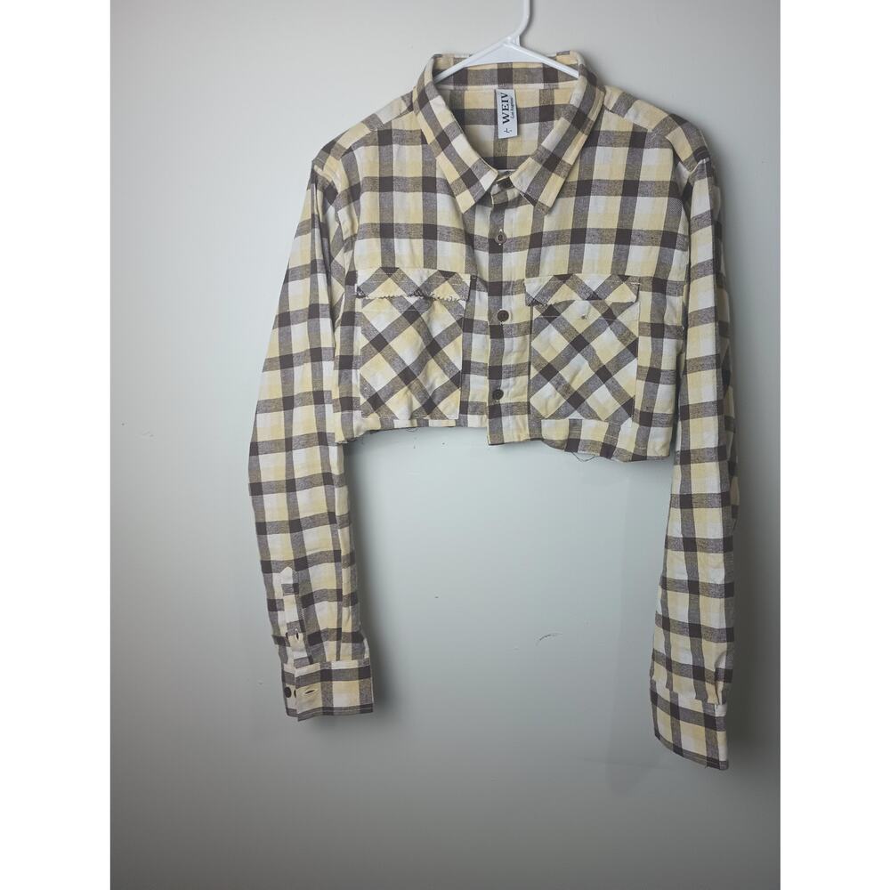 WEIV Cropped Flannel Pocket Plaid Women Size‎ Large Long sleeve Collar